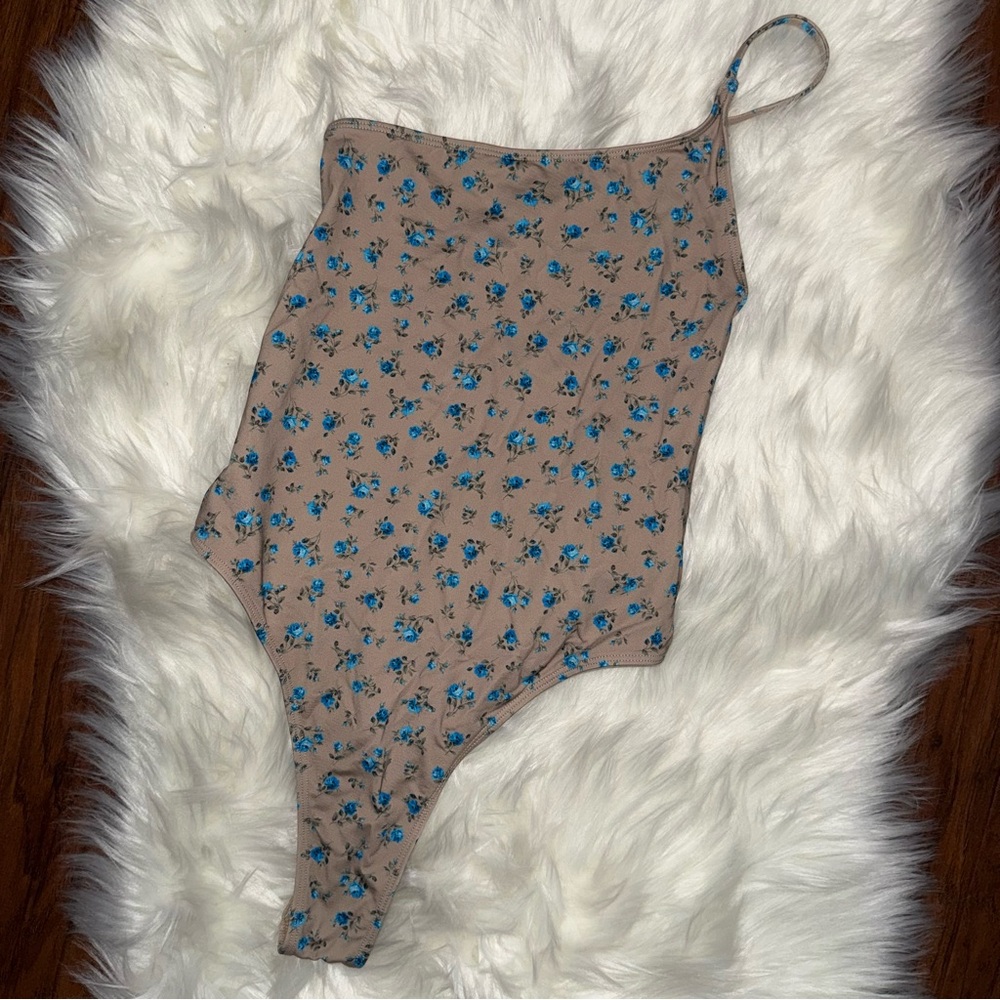 Frankie's Bikinis Tan Ditsy Floral One Shoulder Swimsuit Boho Cottage Minimalist